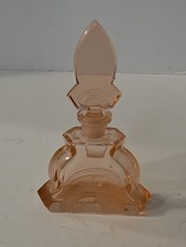 Czech Cut Art Deco Glass Perfume Bottle Depression Pink Stopper 5”  Etched READ picture