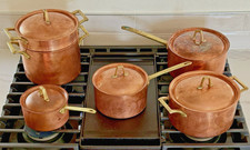 Copper Pans Paul Revere 11 Pc Cookware Set Brass Handles USA Vintage Signed picture