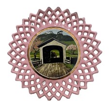 VTG SCALLOPED EDGE Pink Black covered bridge couple De Willis PLATE 9.5” picture