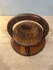 Vintage Hand Carved Wood Collapsible Folding Trivet Bowl Basket Cracked Handle picture