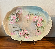 Antique T&V Tressemanes & Vogt Limoges Porcelain Vanity Tray Plate, Roses - 12