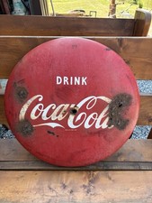 Coca-Cola Drink Coca-Cola Round Metal Advertising Sign, Red & White Soda picture