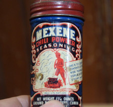 MEXENE CHILI POWDER EMPTY TIN VINTAGE 1930's LITHO SIGN DEVIL DIABLO HOME DECOR picture