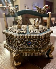 Thailand Balinese Handcrafted Royalty Twin Bird Wooden Spice Trinket Jewelry Box picture