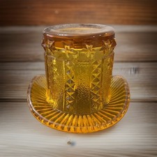 Antique UV Reactive EAPG Amber Top Hat Stars &Stripes Toothpick Holder Unmarked picture