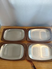 Set of 4 Vintage Weavewood American Walnut Serving Trays W/ Stainless Plates picture