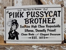 VINTAGE BROTHEL PORCELAIN SIGN OLD PINK PUSSYCAT GENTELMANS CLUB BAR SPEAKEASY picture