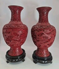 Pair Vintage Chinese Red Carved Dragon Floral Cinnabar Lacquer Vases 8