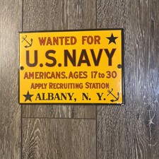 WANTED US NAVY APPLY RECRUITTING STATION ALBANY NY WW1 PORCELAIN METAL SIGN GAS  picture