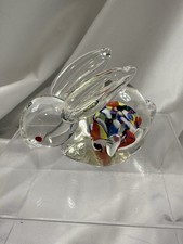 Vintage Art Glass Bunny Rabbit Paperweight Red Blue Yellow picture