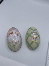 Honey Bunnies Egg Shaped Tin easter Bunny Fillable Container 5.5 “x 3.5 2 Piece picture