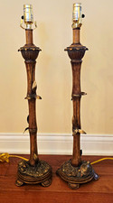 Pair of Vintage MCM Hollywood Regency Faux Bamboo Buffet Lamps w/ Tortoise Base picture