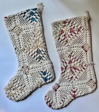 Shabby & Vintage Chic Crochet, Tatted Lace Pink Blue Quilted Christmas Stockings picture