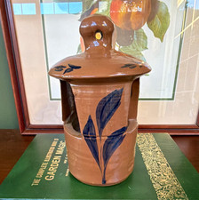 Williamsburg Pottery Ceramic & Porcelain Bird Feeder Brown Blue Cylinder 4x4x8 picture