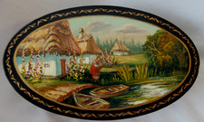 Vintage Russian Hand Painted Lacquer Box Village water Scene Signed 7”x3.5” NIB picture