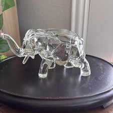 Vintage Clear Glass Elephant Trinket Candy Dish Figurine w/ Lid Tusks Trunk Up picture