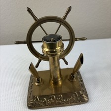 Vtg Solid 1970’s Brass Nautical Ship Wheel / Compass Duel Swivel Pen Holder picture