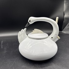 Vintage 90s Swan Whistling Tea Kettle M. Kamenstein White Enamel Teapot picture