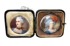 2 Antique Vintage 19C Miniature Hand Painted Porcelain Royal Woman Portrait Case picture