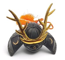 Vintage Japanese Mini Kabuto Samurai Helmet Cast Metal Horns Cord Ornament picture