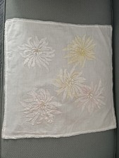 Vintage Embroidered Linen Table Topper 19x19 Floral Crochet Edge picture