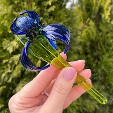 Blue Glass Iris Flower Figurine Hand Blown Floral Decor Gift picture