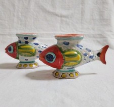 Vintage DeSimone Italian Pottery Fish Candle Holder Bud Vase Pair 3.5