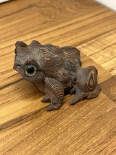 Vintage Hand Carved Wooden Frog Sculpture Made In Japan With Textured Detailing picture