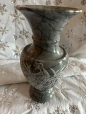 Handcrafted Gray Marble Vase With Intricate Silver Peacock Design Heavy picture