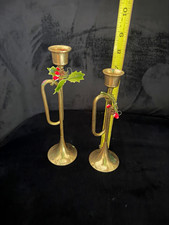 Vintage Brass Trumpet Candle Holders Pair 7” 8” Christmas Holly Decor picture