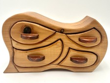 Tsunami Wooden Jewelry Trinket Box Handmade Wave Artisan Vintage Wood. picture