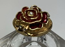 Vintage Bob Mackie Red Rose Pill Box Enamel Gold Tone Hinged Signed Collectible  picture