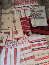 Vtg Handmade Ukrainian Embroidered Towel Rushnyk Linen Wool Lot Runner Napkin  picture