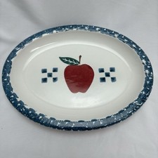 Vintage Chaparral Pottery Stoneware Blue Rim Oval Serving Platter Apples picture