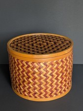 Vintage Round Bamboo Woven Lidded Basket Box Two Tone Geometric Boho Storage picture