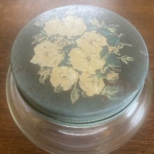 Lovely Vintage Antique Hand painted Dresser Jar Glass Metal Lid Roses Flowers picture