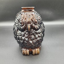 Vintage Mid Century Wise Old Owl Amber Brown Pressed Glass Bank Fall Decor picture