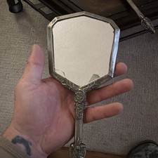 Vintage Octagonal Handheld Mirror w/ Ornate Metal Handle, Glass, 8 in picture