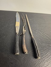 ANTIQUE  set of 3 antler Carving knife set with STERLING SILVER  overlay picture