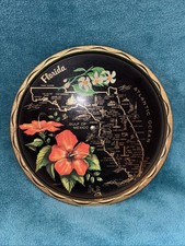 Vintage Black 70’s Map Of Florida Souvenir Tray Metal Lazy Susan Hibiscus 11” #I picture