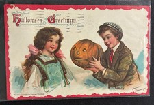Antique Halloween Postcard ~ Boy Girl Pumpkin JOL ~ Brundage #121 picture