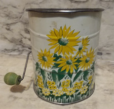 Vntg 1940's Bromwells Flour Sifter Sunflower Floral Green Wood Handle Crank picture