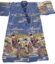VTG JUGUEMM  Kimono Robe Blue Geisha Pagoda Cherry Blossoms JAPAN 56” Long SEE picture