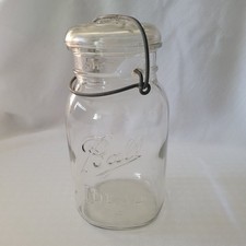 Vintage Ball Ideal Clear Mason Jar with Glass Lid 7 inches & Wire Bail 1933-1962 picture
