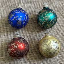 Vintage Krebs Floral Glitter Round Ball Glass Ornaments Christmas Holiday picture
