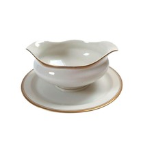 O.P. Co. Syracuse China Gravy Boat with Attached Underplate White Gold Trim picture
