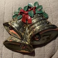 Vintage Burwood Christmas Gold Bells Holly Wall Door Decor 1991 picture