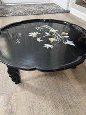 VTG Korean Black Lacquer Mother of Pearl Inlay Tea Table 18” Folding Legs picture