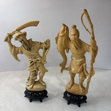 Vintage Chinese Warrior Figurines Pair Resin Faux Ivory Style Black Bases picture