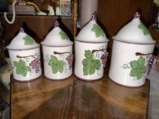 Vintage Set 4 Hand Painted Ceramic Canisters Lidded Grape Relief Grapevine Italy picture